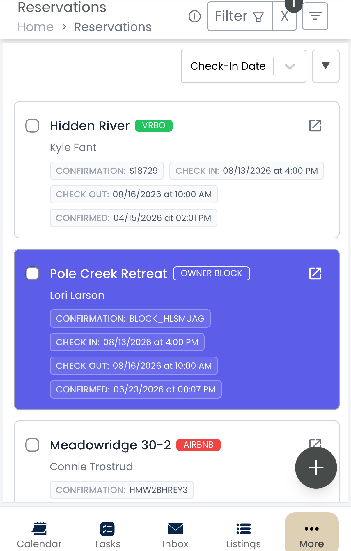 Feather reservations list on mobile