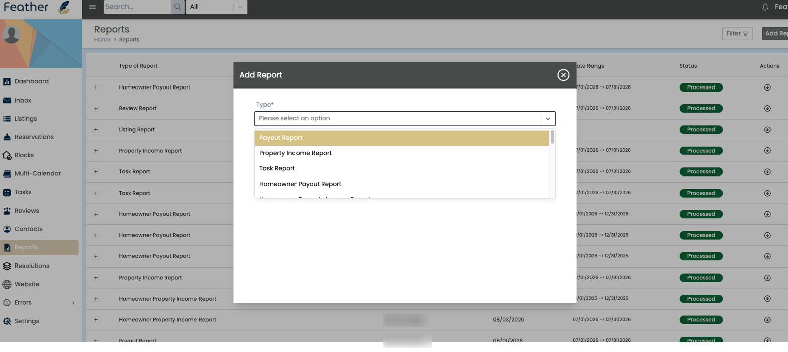 Feather add report modal with report type options
