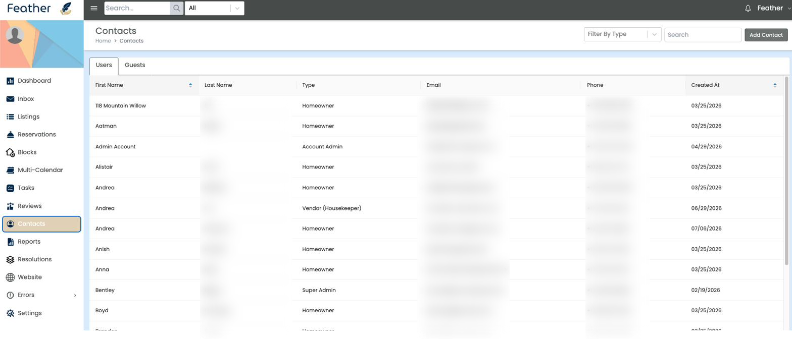 Feather contacts list with owner, vendor and staff roles