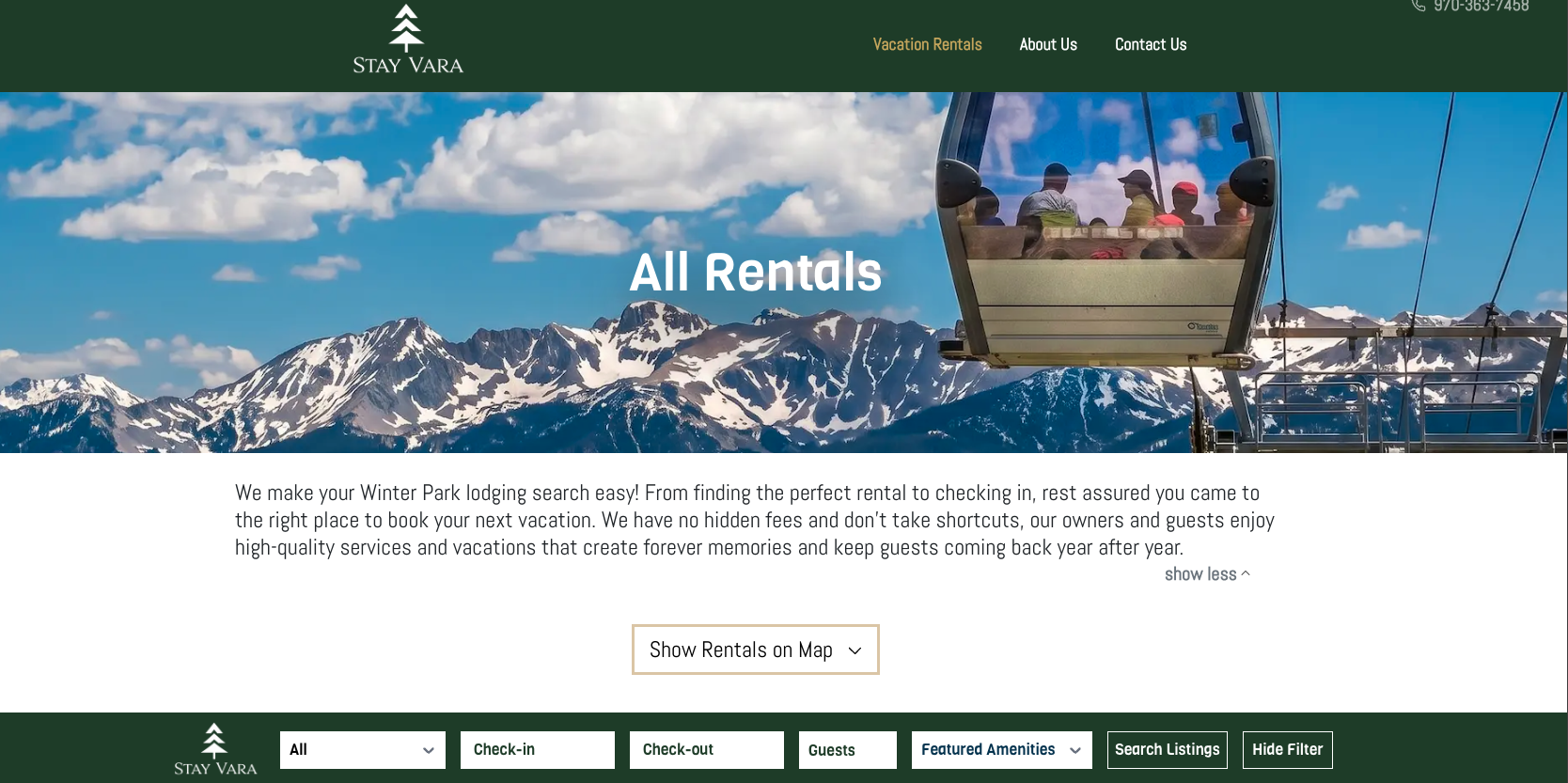 Stay Vara direct booking website — branded landing page with hero and search