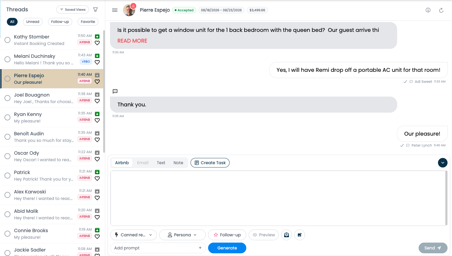 Feather guest communication — unified Threads inbox across channels