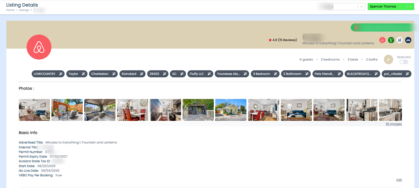 Feather listing detail page with Airbnb sync and property info