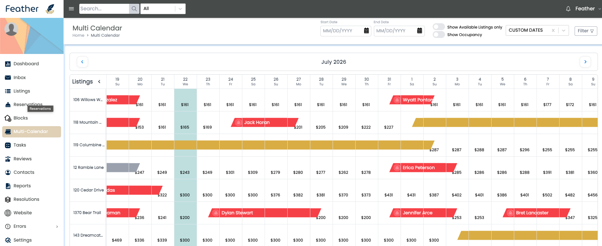 Feather multi-calendar grid across listings