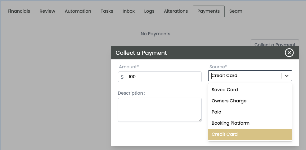 Feather Collect a Payment — saved card, owner charge, booking platform or credit card
