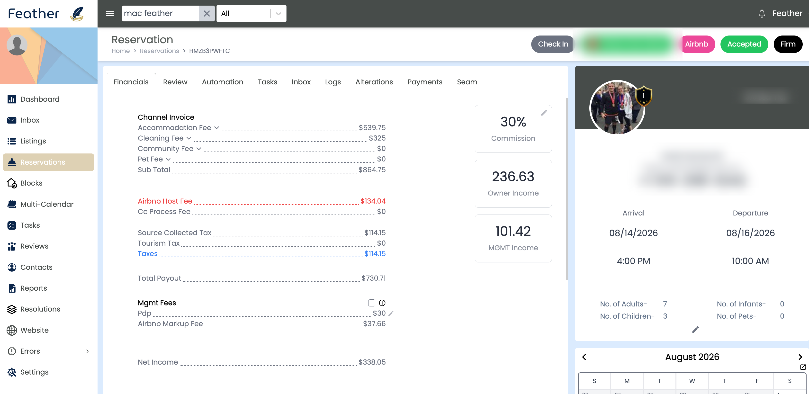 Feather reservation Payments tab