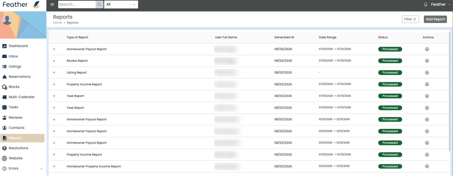 Feather reports list with homeowner payout reports