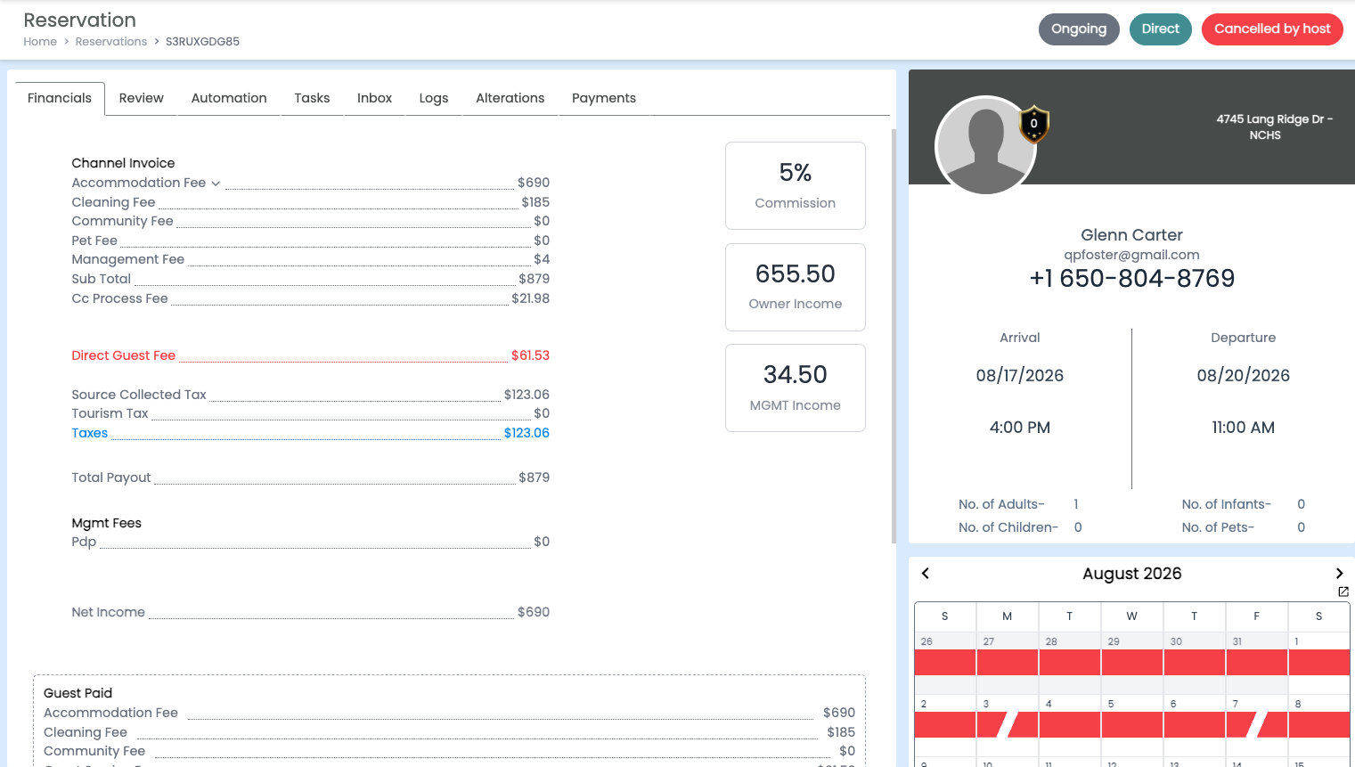 Feather reservation Financials tab — channel invoice, commission, owner income and net income