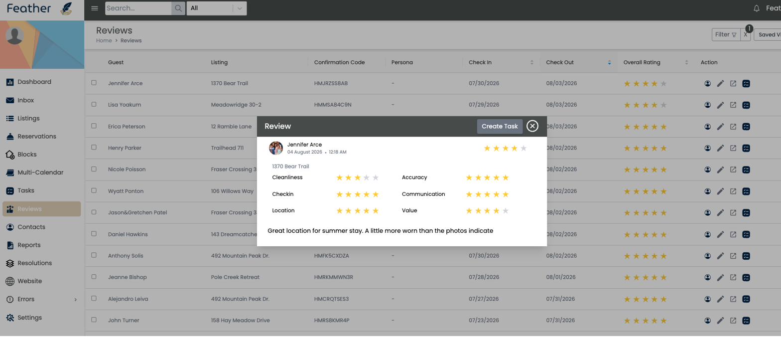 Feather review detail with Create Task button