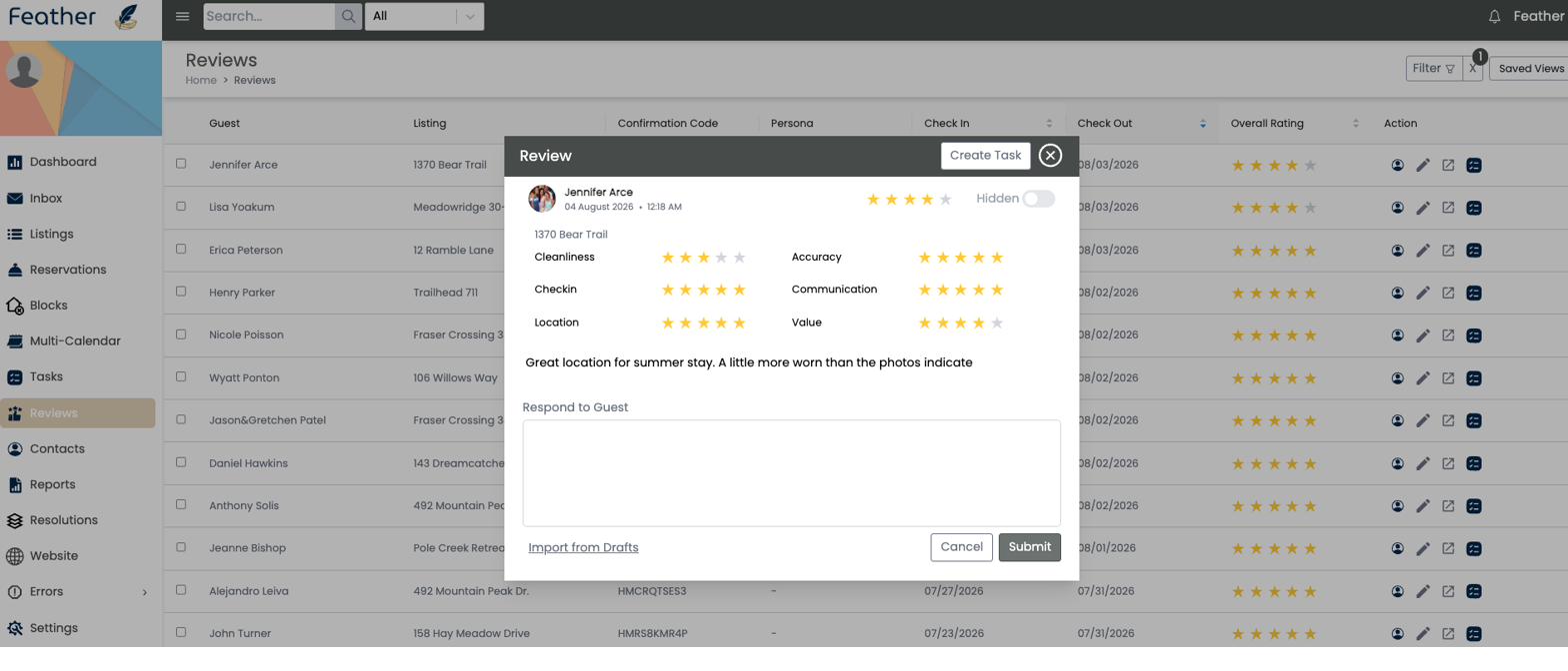 Feather review modal with category ratings and Respond to Guest