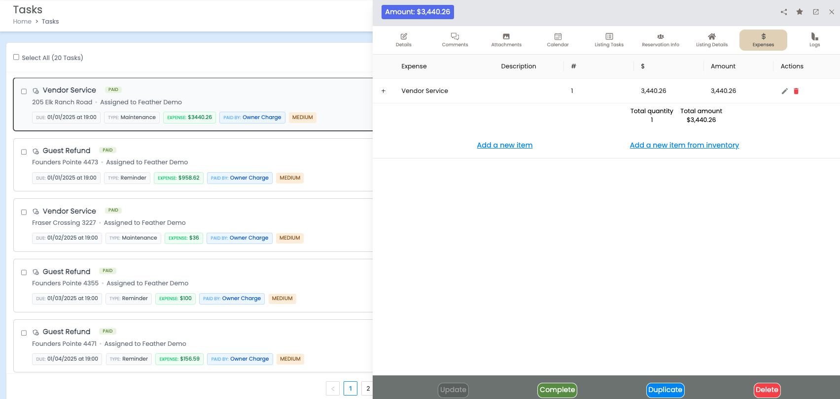 Feather task detail Expenses tab with vendor service line item